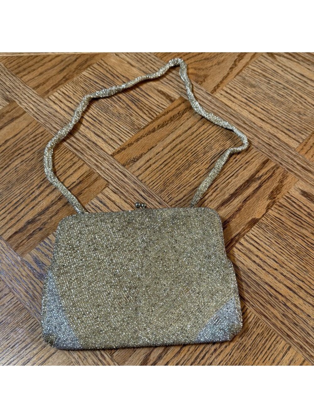 Vintage Gold Beaded Evening Bag With Snap Closure & Chain Strap